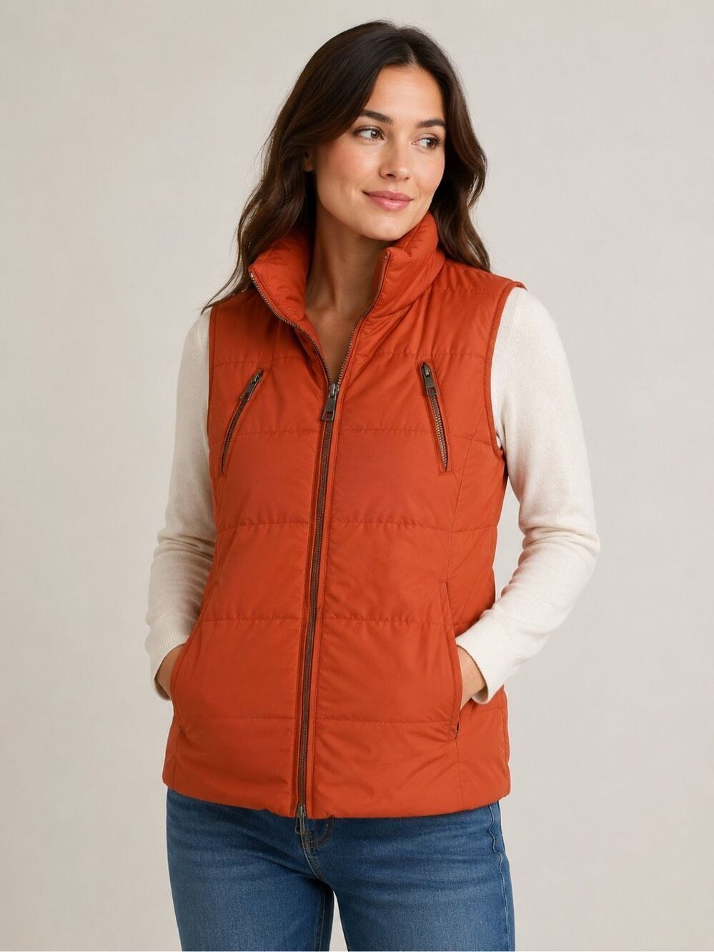 Eileen Fisher Down Puffer Vest Rust Orange High Collar Women’s XS